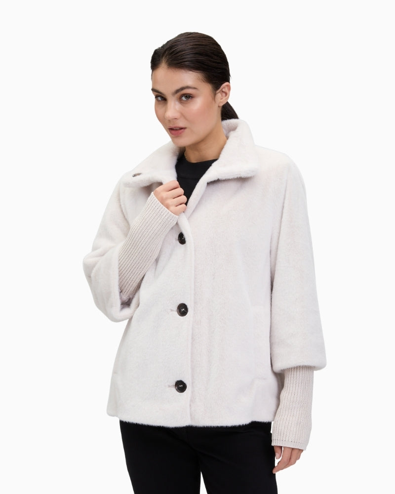 Front view of Betty Barclay plush A-line jacket with stand-up collar and press stud fastening