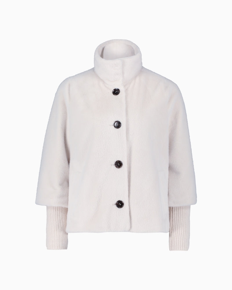Front view of Betty Barclay plush A-line jacket with stand-up collar and press stud fastening