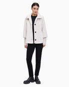 Front view of Betty Barclay plush A-line jacket with stand-up collar and press stud fastening