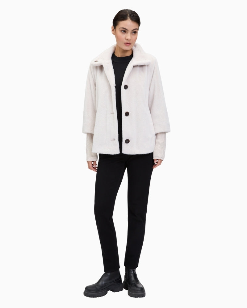 Front view of Betty Barclay plush A-line jacket with stand-up collar and press stud fastening