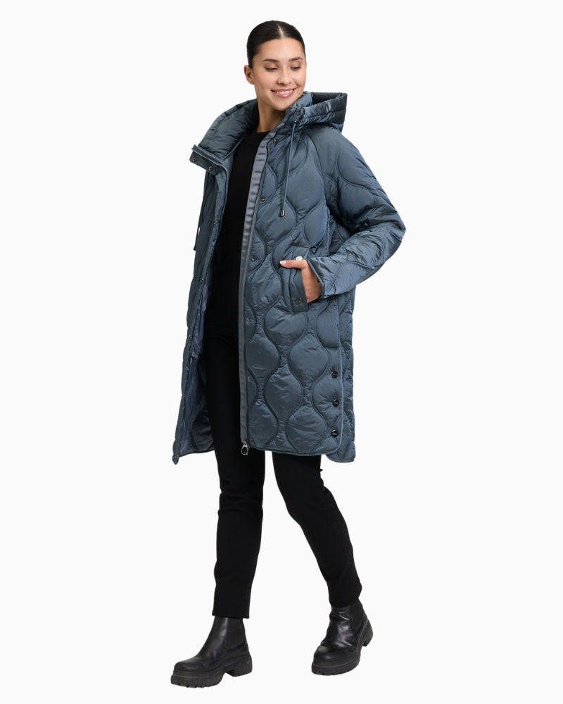 Front view of Betty Barclay quilted jacket in plain colour with zip and press stud fastening