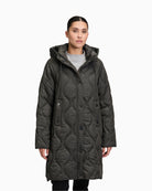 Front view of Betty Barclay long quilted jacket with hood and two-way zip