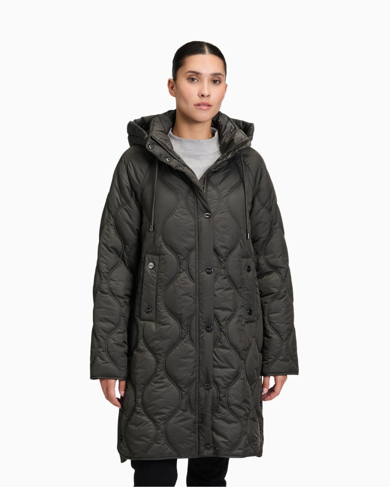 Front view of Betty Barclay long quilted jacket with hood and two-way zip