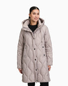 Front view of Betty Barclay quilted jacket with hood, long sleeves, and two-way zip