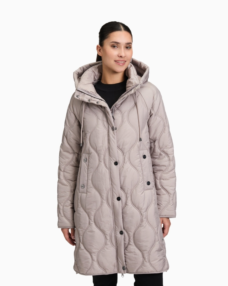 Front view of Betty Barclay quilted jacket with hood, long sleeves, and two-way zip