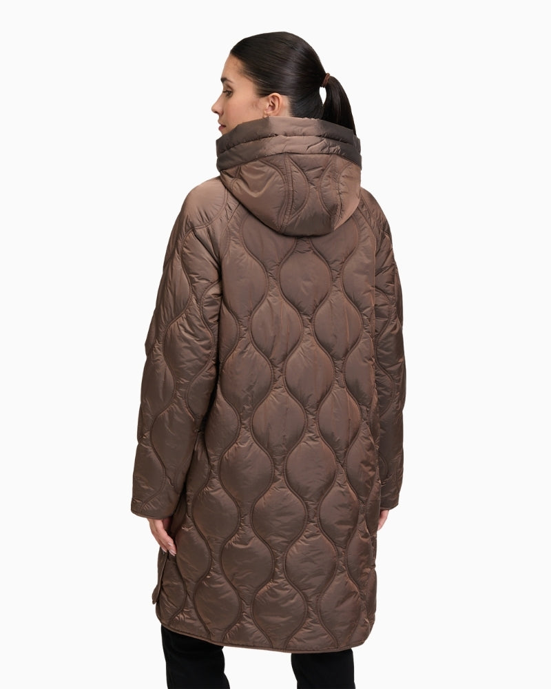 Back view of quilted knee-length coat showing adjustable hood and clean lines