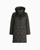 Front view of Betty Barclay long quilted jacket with hood and two-way zip