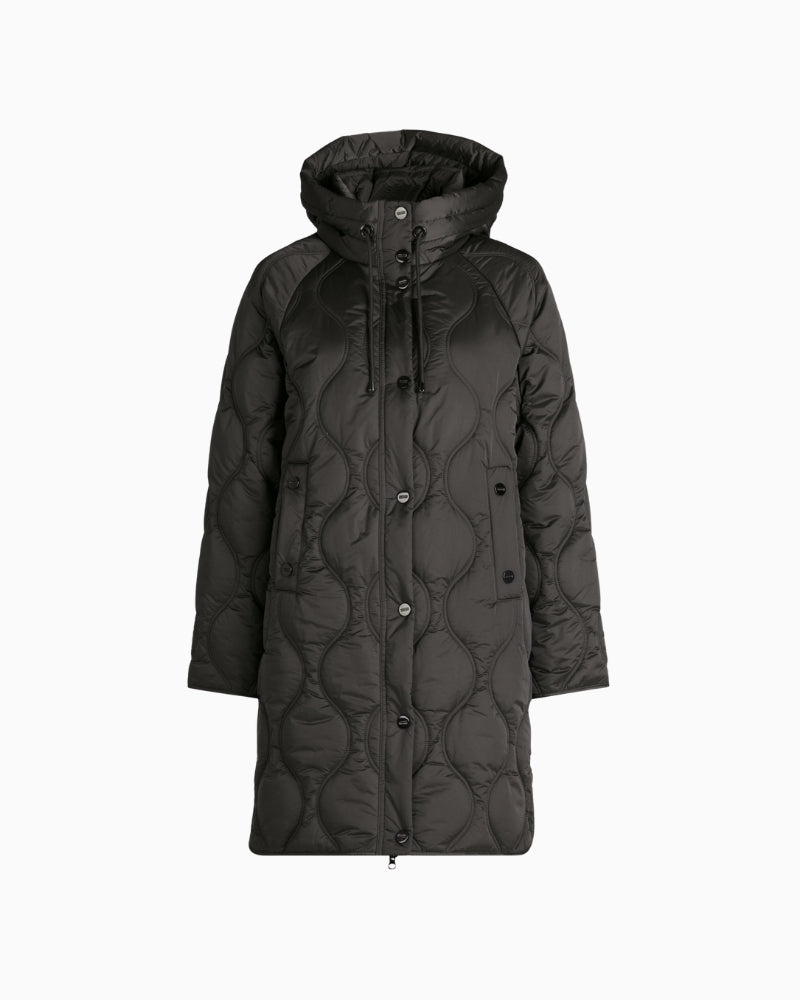 Front view of Betty Barclay long quilted jacket with hood and two-way zip