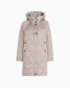Front view of Betty Barclay quilted jacket with hood, long sleeves, and two-way zip