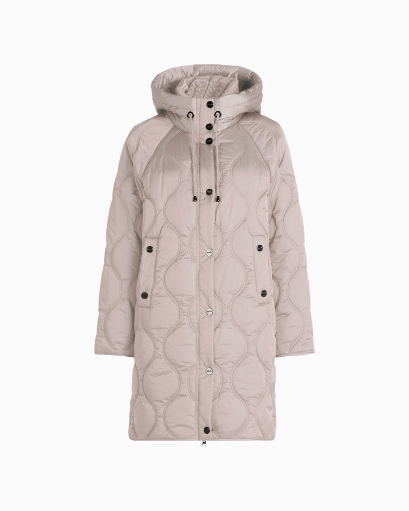Front view of Betty Barclay quilted jacket with hood, long sleeves, and two-way zip