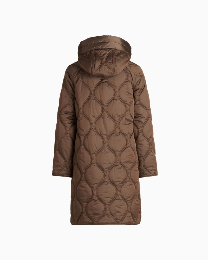 Back view of quilted knee-length coat showing adjustable hood and clean lines