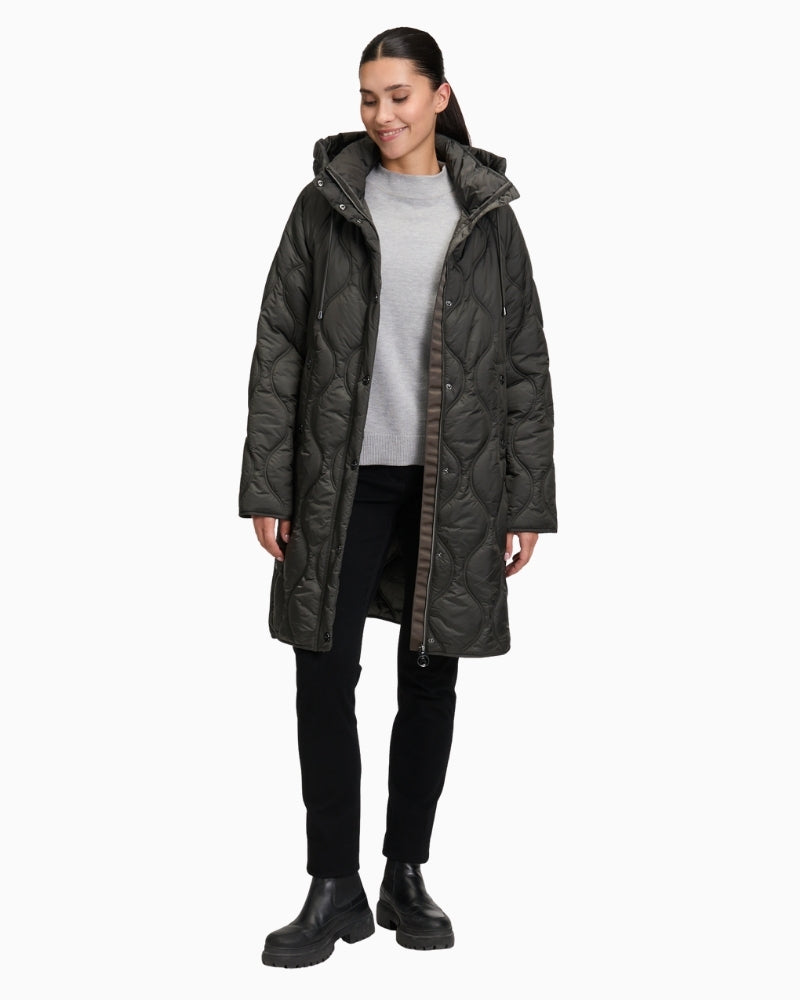 Front view of Betty Barclay long quilted jacket with hood and two-way zip
