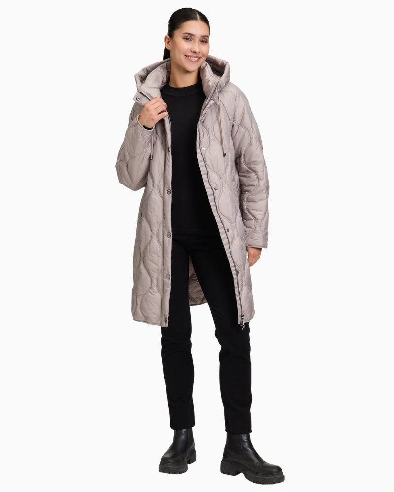 Front view of Betty Barclay quilted jacket with hood, long sleeves, and two-way zip