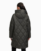 Back of longline quilted jacket with plain finish and full-length coverage