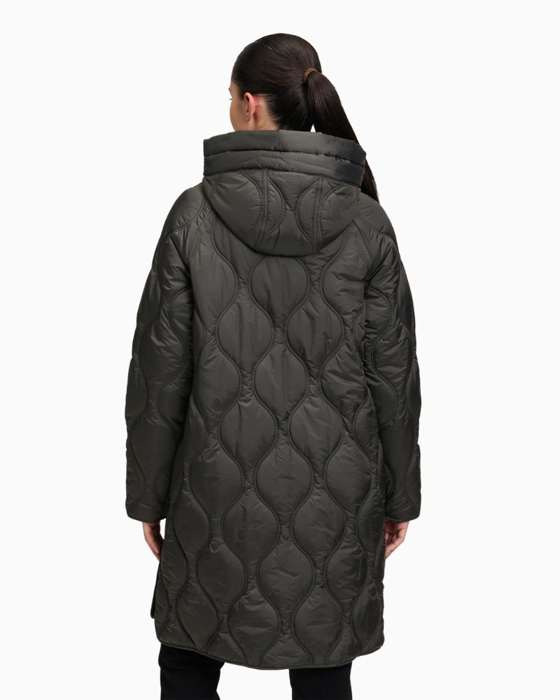 Back of longline quilted jacket with plain finish and full-length coverage