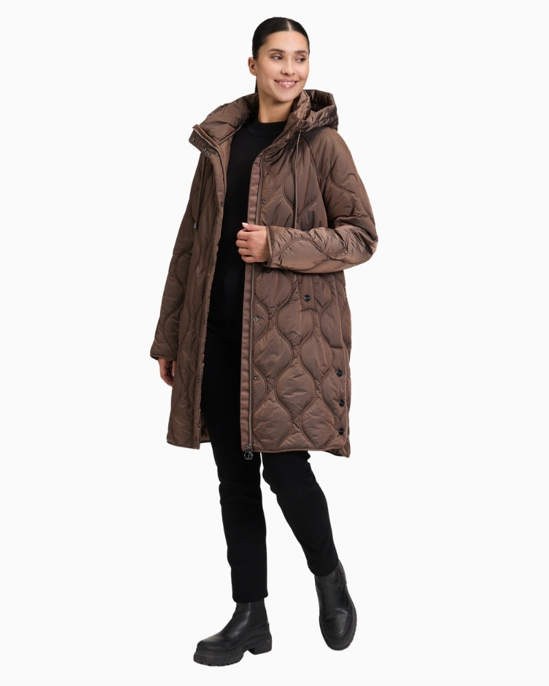 Long quilted jacket by Betty Barclay with hood and piped pockets