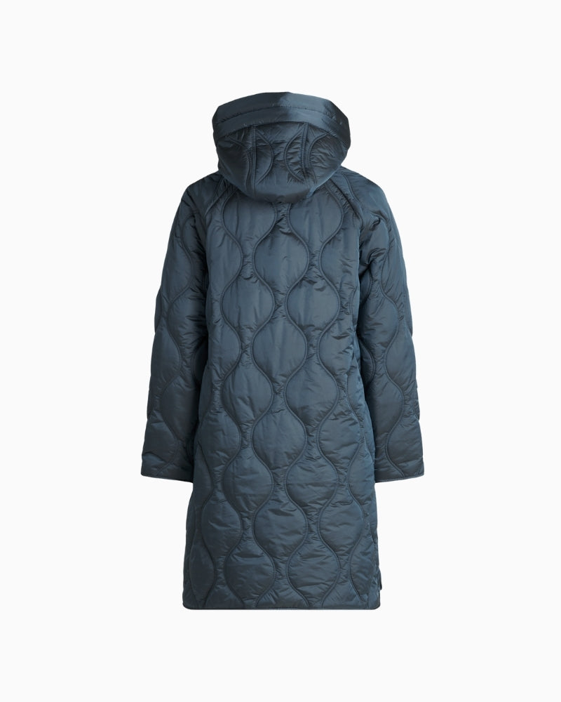 Back view of long quilted coat with lightweight texture and casual silhouette