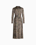 Back view of fitted shirt blouse dress showing classic collar and flowing shape

