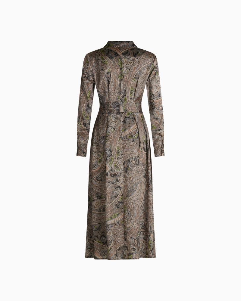 Back view of fitted shirt blouse dress showing classic collar and flowing shape

