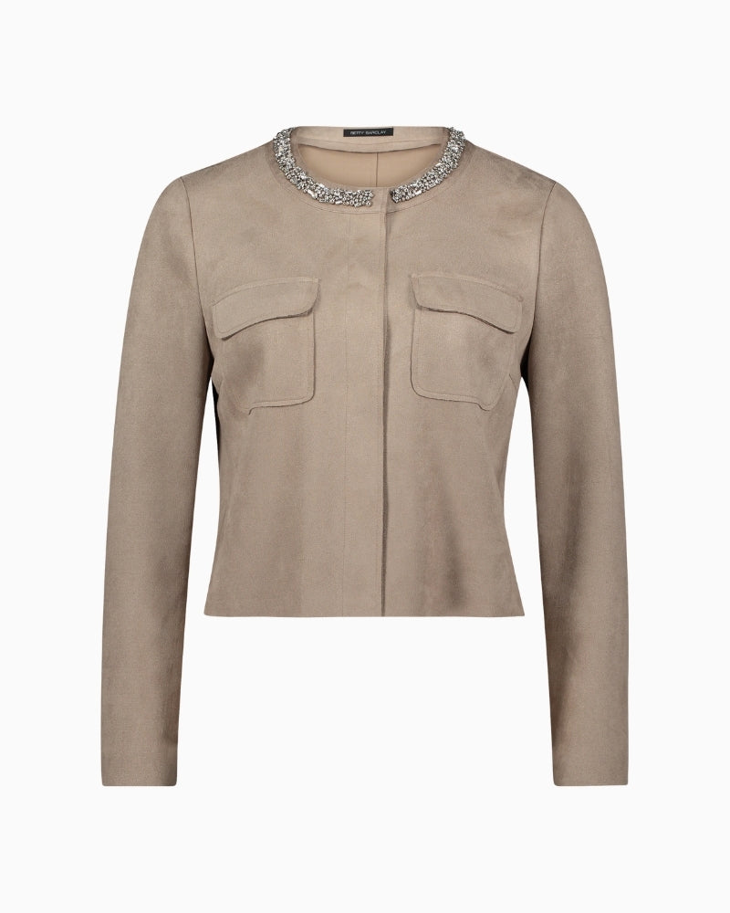 Suede-effect blazer by Betty Barclay in soft neutral tone with round neck
