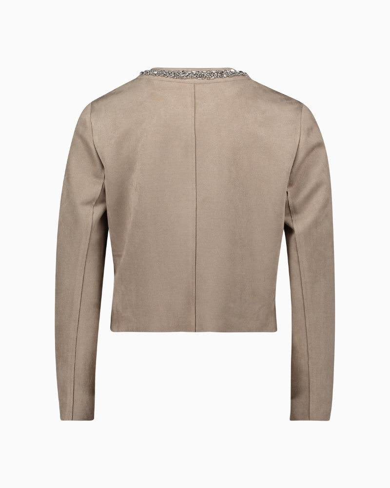 Back view of straight-fit faux suede jacket showing patch pockets and clean finish
