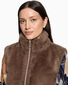 Betty Barclay Faux Fur Gilet in Tan stand-up collar detail