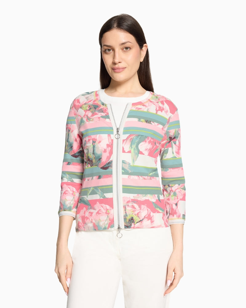 Betty Barclay floral ribbed zip top front view on model– Áines Boutique