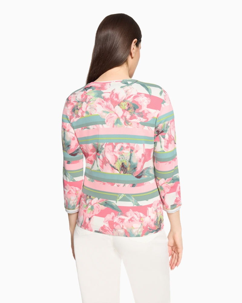 Betty Barclay floral ribbed zip top back view on model – Áines Boutique