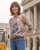 Betty Barclay Printed Drawstring Jumper in beige and blue showing mixed print detail