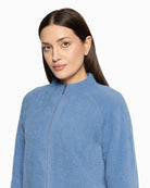 Betty Barclay Zip Up Cardigan in Blue stand-up collar detail