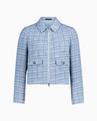 Betty Barclay bouclé blazer jacket blue white front view zip detail