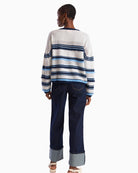 Brodie Cashmere Funky Stripe Cashmere Crew Neck Jumper white navy back view