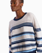 Brodie Cashmere Funky Stripe Cashmere Crew Neck Jumper white navy stripe detail