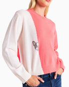 Brodie Cashmere Hot Fix Colourblock Crew Neck Jumper white pink front view