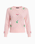 Brodie Cashmere Lightweight Floral Stitch Cashmere Crew pale pink embroidery detail