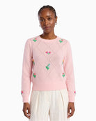 Brodie Cashmere Lightweight Floral Stitch Cashmere Crew pale pink front view