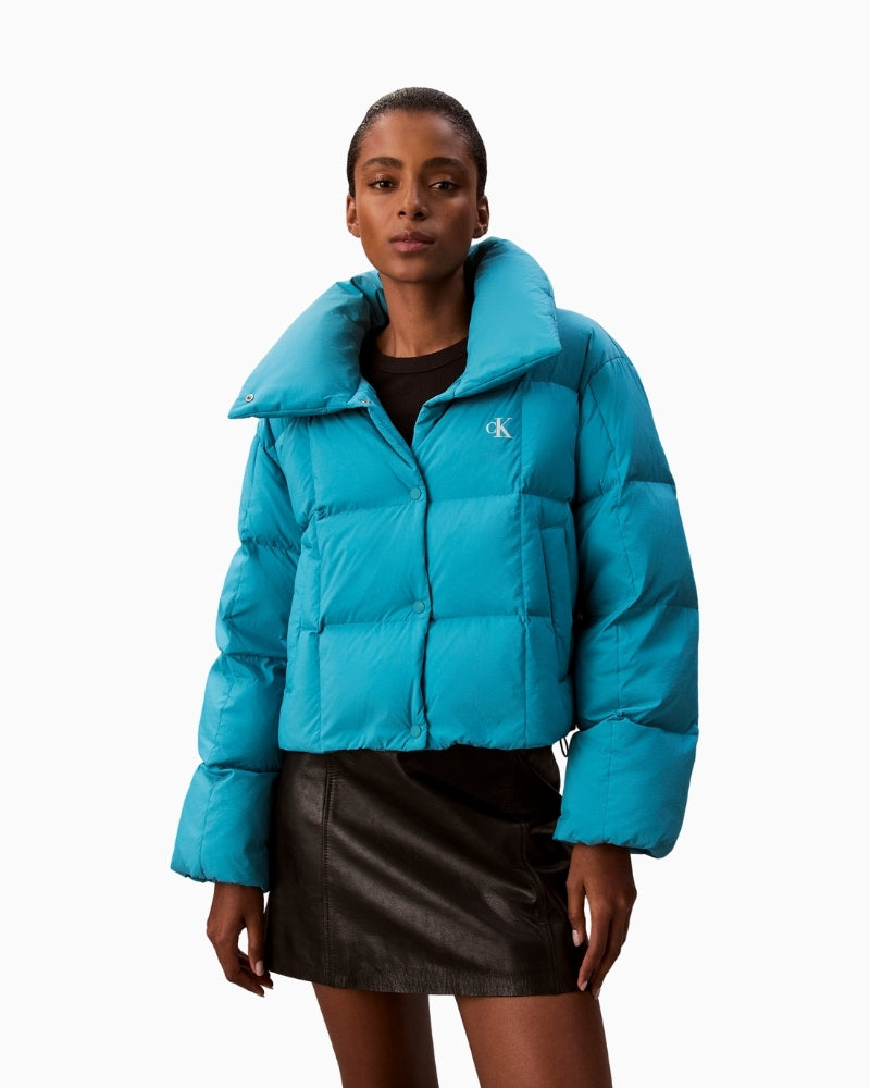 CK Jeans short teal down puffer jacket with zip front