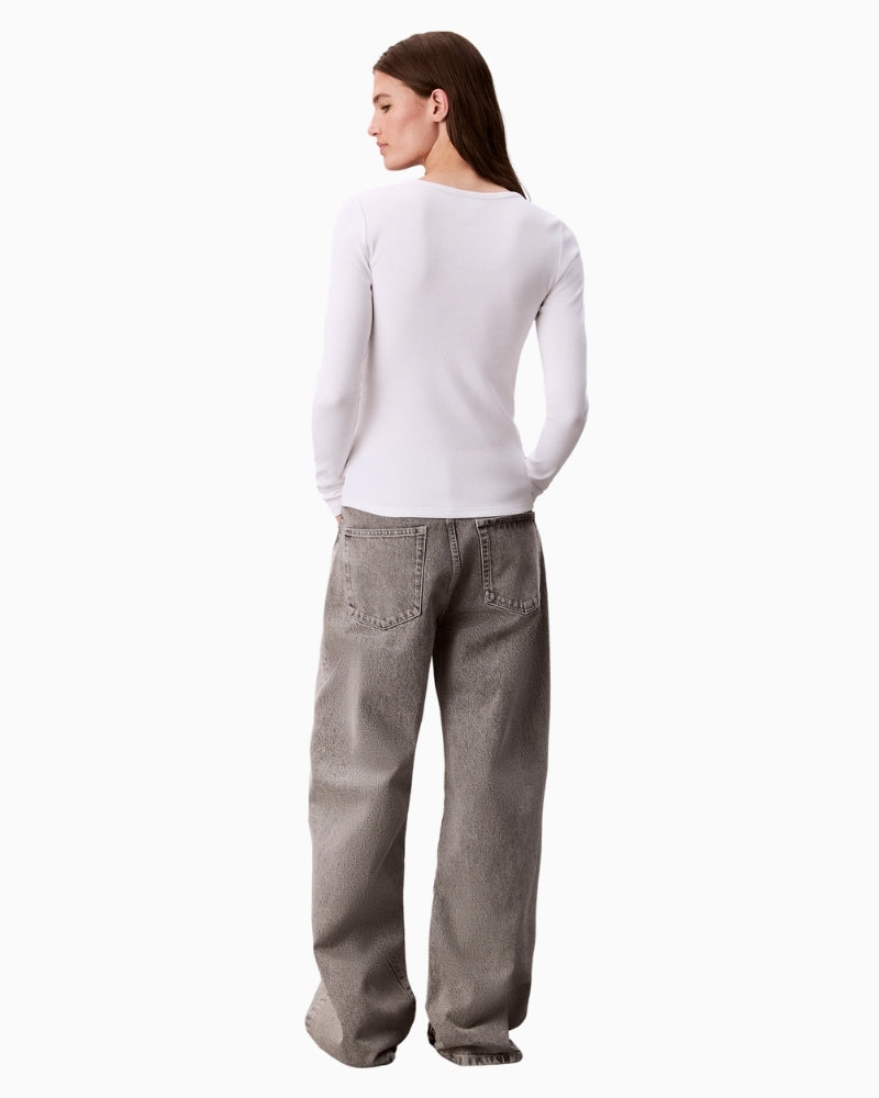 Back view of white long-sleeve scoop neck top by CK Jeans