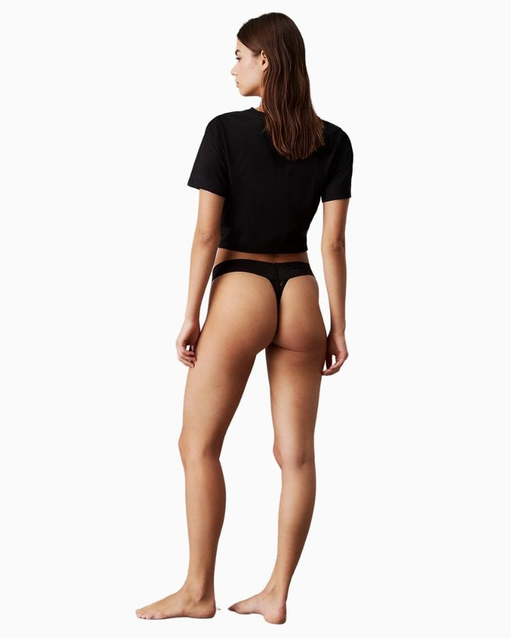 Back view Calvin Klein 3-Pack Icon Logo Lace Low Rise Thongs with semi-sheer finish