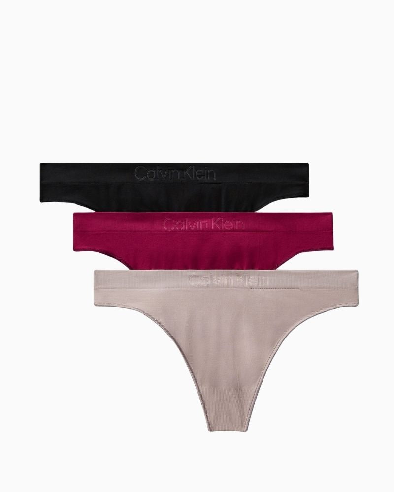 Calvin Klein thong set in red, black, and nude with soft waistband