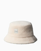 Front view of Calvin Klein off-white bouclé bucket hat with tonal patch logo