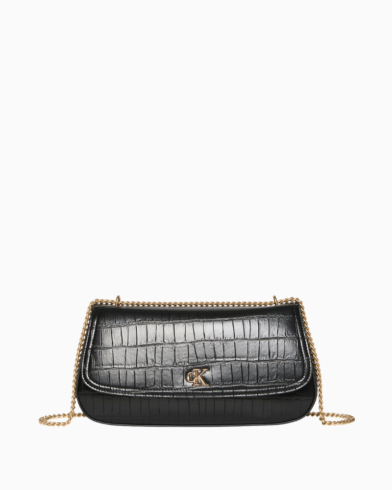 Front view of Calvin Klein croc convertible medium bag with chain strap
