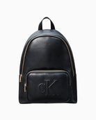 Front view of Calvin Klein faux leather backpack with embossed logo