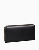 Back view of structured long wallet in black leather