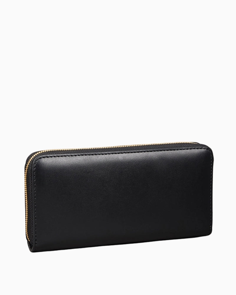Back view of structured long wallet in black leather