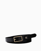 Front view of Calvin Klein leather belt with polished rectangular buckle