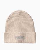 Front view of Calvin Klein chunky rib cotton cashmere beanie with CK patch