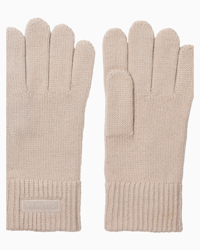 Grey Calvin Klein wool gloves with ribbed cuffs and logo patch, made from wool and cashmere blend