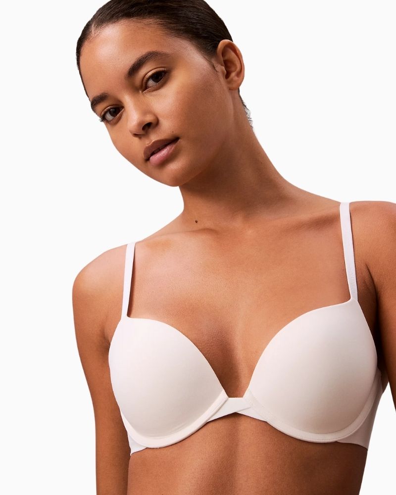 Front view of Calvin Klein padded plunge bra showing tonal elastic trim