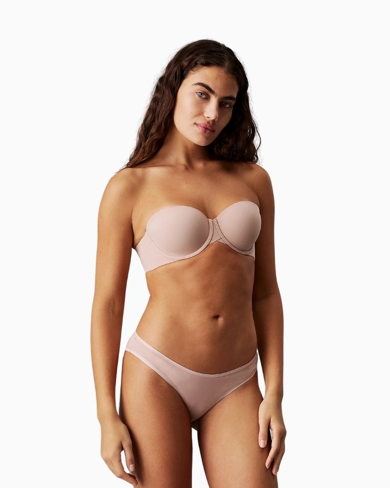 Front view of Calvin Klein moulded strapless bra with tonal elastic trim